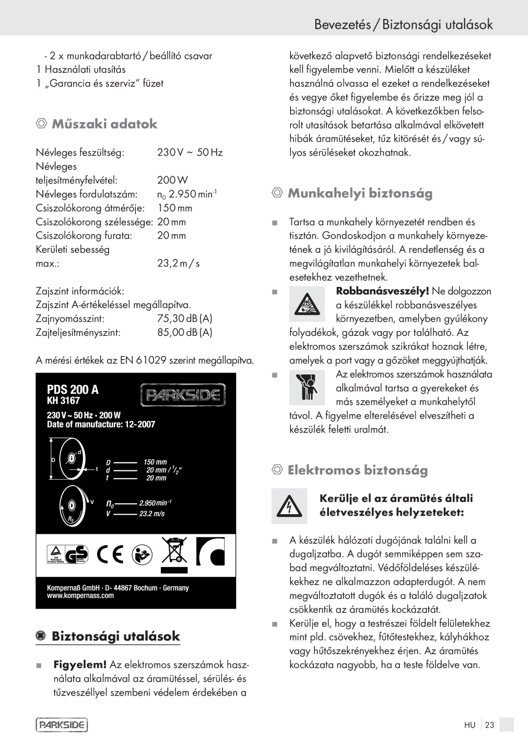 Parkside PDS 200A manual Bevezetés / Biztonsági utalások, Műszaki adatok, Munkahelyi biztonság, Elektromos biztonság 